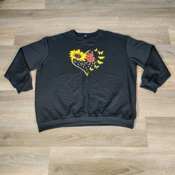 Black Waffle Sweater 5XL Sunflower Butterfly Heart Design Cozy Casual Fall NEW - Picture 1 of 6